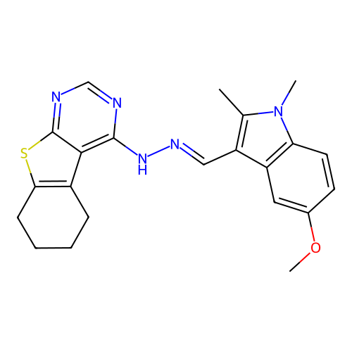 (E)-4-(2-((5-methoxy-1,2-dimethyl-1H-indol-3-yl)methylene)hydrazinyl)-5,6,7,8-tetrahydrobenzo[4,5]thieno[2,3-d]pyrimidine structure