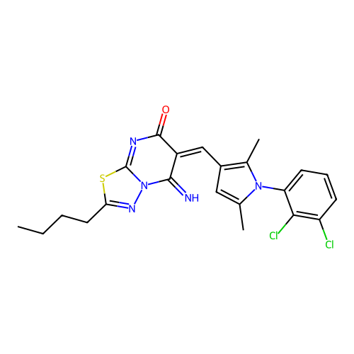 (6E)-2-butyl-6-[[1-(2,3-dichlorophenyl)-2,5-dimethylpyrrol-3-yl]methylidene]-5-imino-[1,3,4]thiadiazolo[3,2-a]pyrimidin-7-one structure