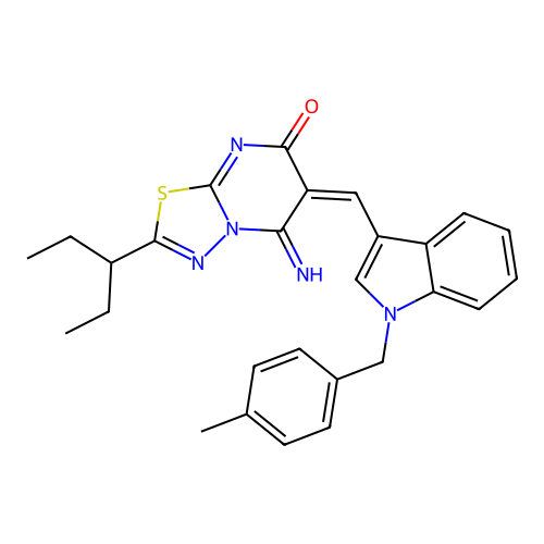 (E)-5-imino-6-((1-(4-methylbenzyl)-1H-indol-3-yl)methylene)-2-(pentan-3-yl)-5H-[1,3,4]thiadiazolo[3,2-a]pyrimidin-7(6H)-one structure