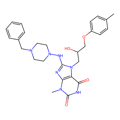 8-((4-benzylpiperazin-1-yl)amino)-7-(2-hydroxy-3-(p-tolyloxy)propyl)-3-methyl-1H-purine-2,6(3H,7H)-dione structure