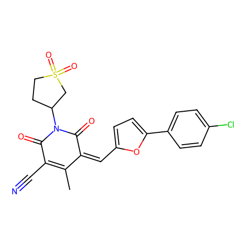 5-[[5-(4-chlorophenyl)furan-2-yl]methylidene]-1-(1,1-dioxothiolan-3-yl)-4-methyl-2,6-dioxopyridine-3-carbonitrile structure