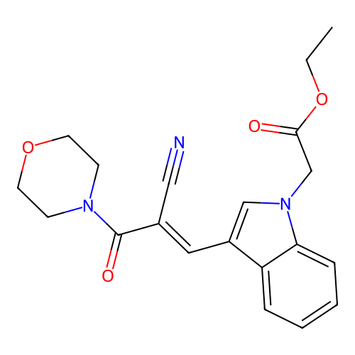 (E)-ethyl 2-(3-(2-cyano-3-morpholino-3-oxoprop-1-en-1-yl)-1H-indol-1-yl)acetate structure