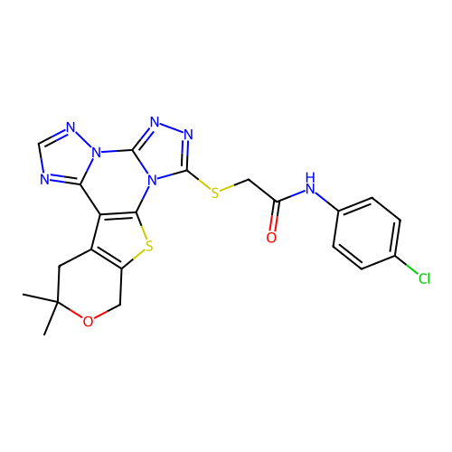 N-(4-chlorophenyl)-2-((12,12-dimethyl-12,13-dihydro-10H-pyrano[4',3':4,5]thieno[3,2-e]bis([1,2,4]triazolo)[4,3-a:1',5'-c]pyrimidin-7-yl)thio)acetamide structure