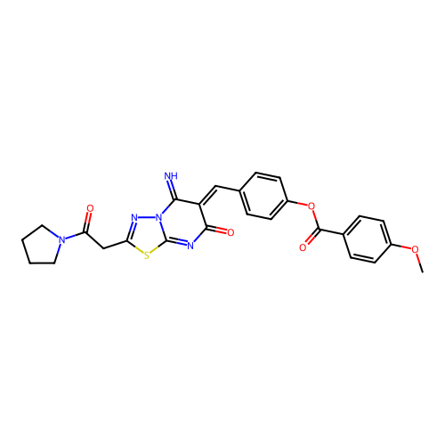 (Z)-4-((5-imino-7-oxo-2-(2-oxo-2-(pyrrolidin-1-yl)ethyl)-5H-[1,3,4]thiadiazolo[3,2-a]pyrimidin-6(7H)-ylidene)methyl)phenyl 4-methoxybenzoate structure