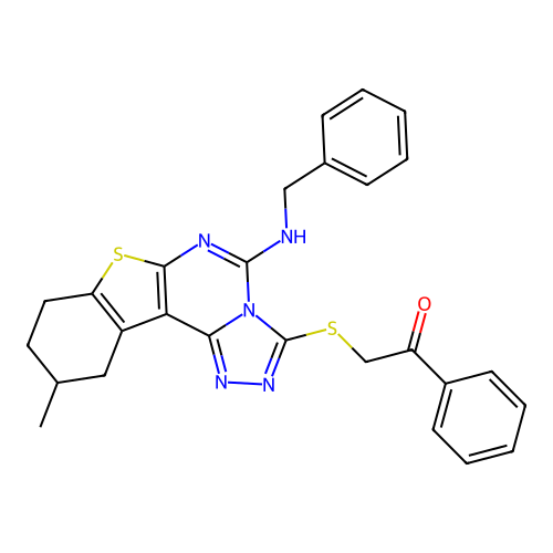 2-((5-(benzylamino)-10-methyl-8,9,10,11-tetrahydrobenzo[4,5]thieno[3,2-e][1,2,4]triazolo[4,3-c]pyrimidin-3-yl)thio)-1-phenylethanone structure