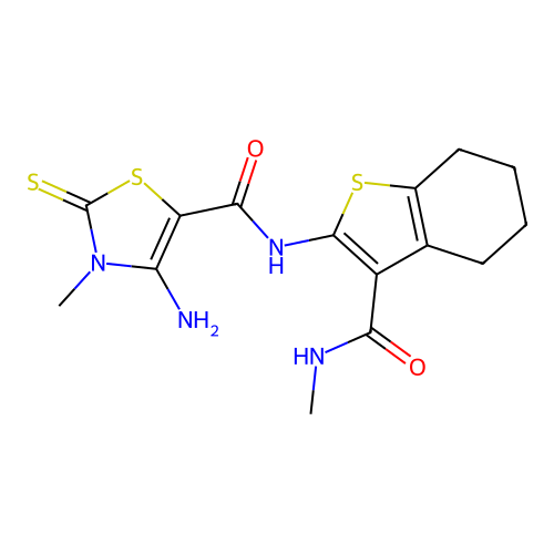 4-amino-3-methyl-N-[3-(methylcarbamoyl)-4,5,6,7-tetrahydro-1-benzothiophen-2-yl]-2-thioxo-2,3-dihydro-1,3-thiazole-5-carboxamide structure