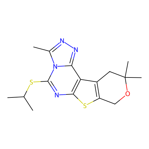 3,10,10-trimethyl-5-(propan-2-ylsulfanyl)-10,11-dihydro-8H-pyrano[4',3':4,5]thieno[3,2-e][1,2,4]triazolo[4,3-c]pyrimidine structure