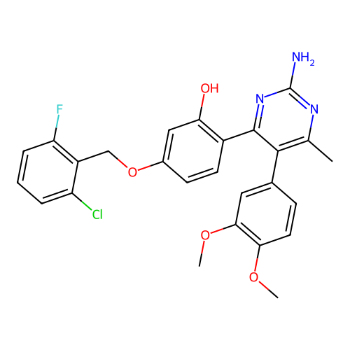 2-[2-amino-5-(3,4-dimethoxyphenyl)-6-methyl-4-pyrimidinyl]-5-[(2-chloro-6-fluorobenzyl)oxy]phenol structure