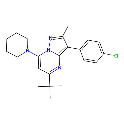 5-tert-butyl-3-(4-chlorophenyl)-2-methyl-7-(piperidin-1-yl)pyrazolo[1,5-a]pyrimidine structure