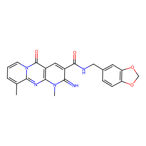 N-(1,3-benzodioxol-5-ylmethyl)-2-imino-1,10-dimethyl-5-oxo-1,5-dihydro-2H-dipyrido[1,2-a:2',3'-d]pyrimidine-3-carboxamide structure