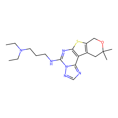 N'-(10,10-dimethyl-10,11-dihydro-8H-pyrano[4',3':4,5]thieno[3,2-e][1,2,4]triazolo[1,5-c]pyrimidin-5-yl)-N,N-diethylpropane-1,3-diamine structure
