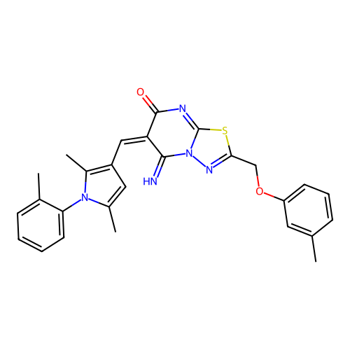 (E)-6-((2,5-dimethyl-1-(o-tolyl)-1H-pyrrol-3-yl)methylene)-5-imino-2-((m-tolyloxy)methyl)-5H-[1,3,4]thiadiazolo[3,2-a]pyrimidin-7(6H)-one structure