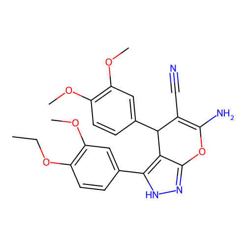 6-amino-4-(3,4-dimethoxyphenyl)-3-(4-ethoxy-3-methoxyphenyl)-2,4-dihydropyrano[2,3-c]pyrazole-5-carbonitrile structure
