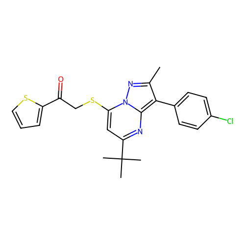 2-{[5-tert-butyl-3-(4-chlorophenyl)-2-methylpyrazolo[1,5-a]pyrimidin-7-yl]sulfanyl}-1-(thiophen-2-yl)ethanone structure