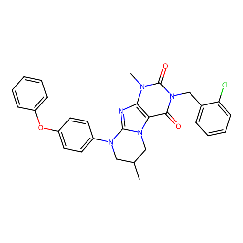3-(2-chlorobenzyl)-1,7-dimethyl-9-(4-phenoxyphenyl)-6,7,8,9-tetrahydropyrimido[2,1-f]purine-2,4(1H,3H)-dione structure