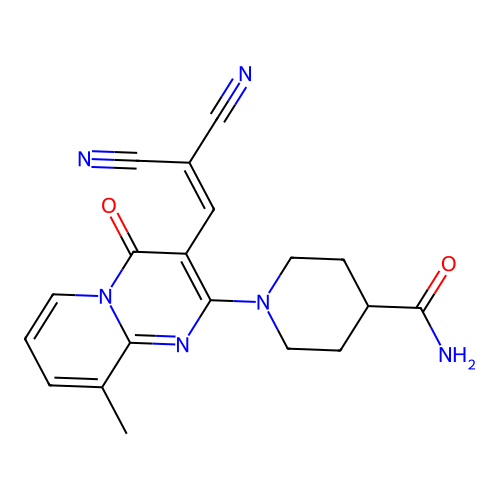 1-(3-(2,2-dicyanovinyl)-9-methyl-4-oxo-4H-pyrido[1,2-a]pyrimidin-2-yl)piperidine-4-carboxamide structure
