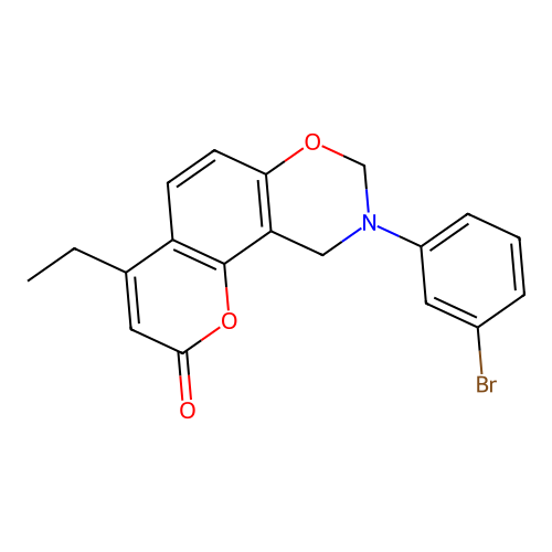 9-(3-bromophenyl)-4-ethyl-9,10-dihydro-2H,8H-chromeno[8,7-e][1,3]oxazin-2-one structure