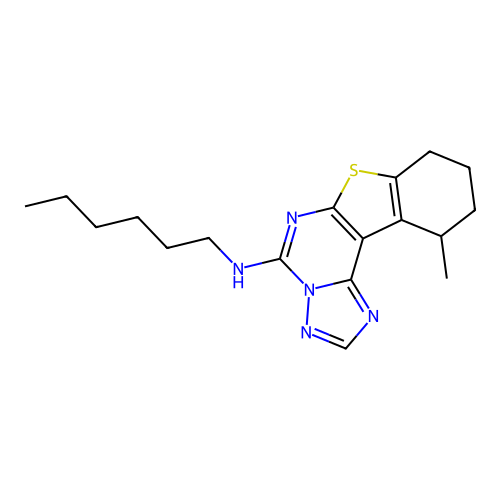 N-hexyl-11-methyl-8,9,10,11-tetrahydro[1]benzothieno[3,2-e][1,2,4]triazolo[1,5-c]pyrimidin-5-amine structure