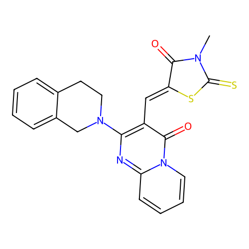 (5Z)-5-[[2-(3,4-dihydro-1H-isoquinolin-2-yl)-4-oxopyrido[1,2-a]pyrimidin-3-yl]methylidene]-3-methyl-2-sulfanylidene-1,3-thiazolidin-4-one structure