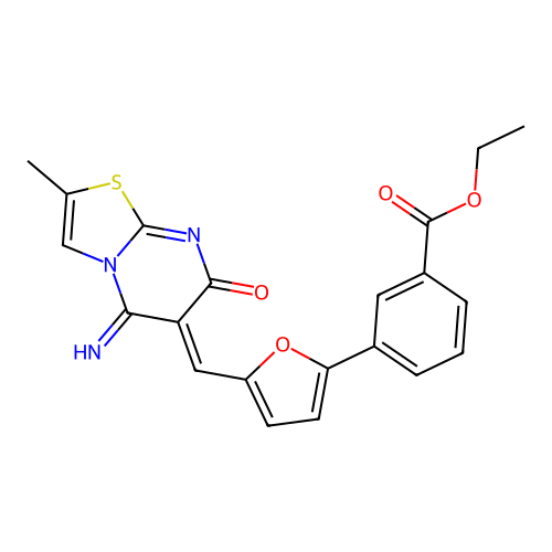 (Z)-ethyl 3-(5-((5-imino-2-methyl-7-oxo-5H-thiazolo[3,2-a]pyrimidin-6(7H)-ylidene)methyl)furan-2-yl)benzoate structure