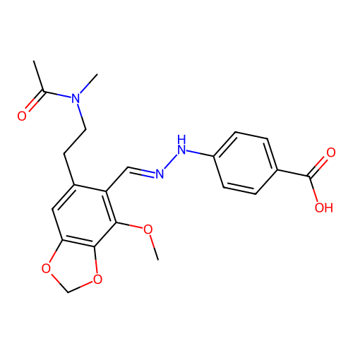 (E)-4-(2-((4-methoxy-6-(2-(N-methylacetamido)ethyl)benzo[d][1,3]dioxol-5-yl)methylene)hydrazinyl)benzoic acid structure