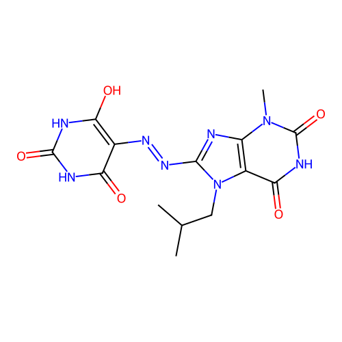 5-(2-(7-isobutyl-3-methyl-2,6-dioxo-2,3,6,7-tetrahydro-1H-purin-8-yl)hydrazono)pyrimidine-2,4,6(1H,3H,5H)-trione structure