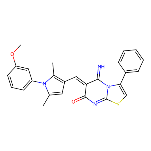 (6Z)-5-imino-6-[[1-(3-methoxyphenyl)-2,5-dimethylpyrrol-3-yl]methylidene]-3-phenyl-[1,3]thiazolo[3,2-a]pyrimidin-7-one structure
