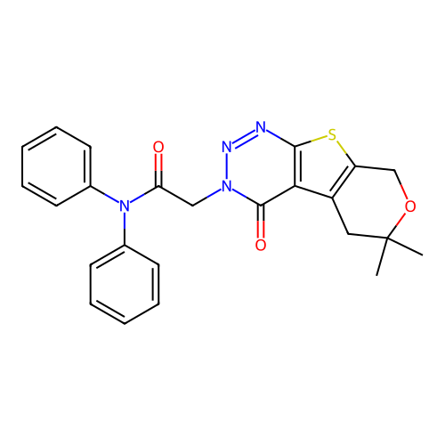 2-(6,6-dimethyl-4-oxo-4,5,6,8-tetrahydro-3H-pyrano[4',3':4,5]thieno[2,3-d][1,2,3]triazin-3-yl)-N,N-diphenylacetamide structure