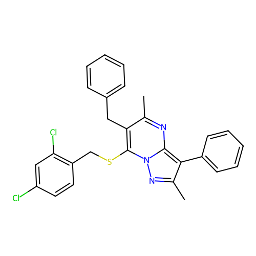 6-benzyl-7-[(2,4-dichlorobenzyl)sulfanyl]-2,5-dimethyl-3-phenylpyrazolo[1,5-a]pyrimidine structure