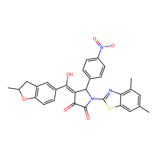 (4E)-1-(4,6-dimethyl-1,3-benzothiazol-2-yl)-4-[hydroxy(2-methyl-2,3-dihydro-1-benzofuran-5-yl)methylidene]-5-(4-nitrophenyl)pyrrolidine-2,3-dione structure