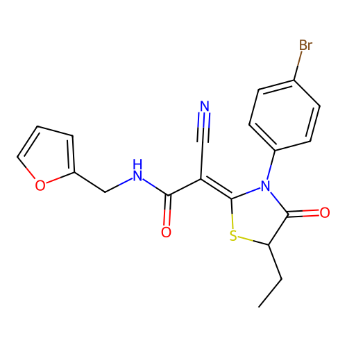 2-[3-(4-bromophenyl)-5-ethyl-4-oxo-1,3-thiazolidin-2-ylidene]-2-cyano-N-(furan-2-ylmethyl)acetamide structure