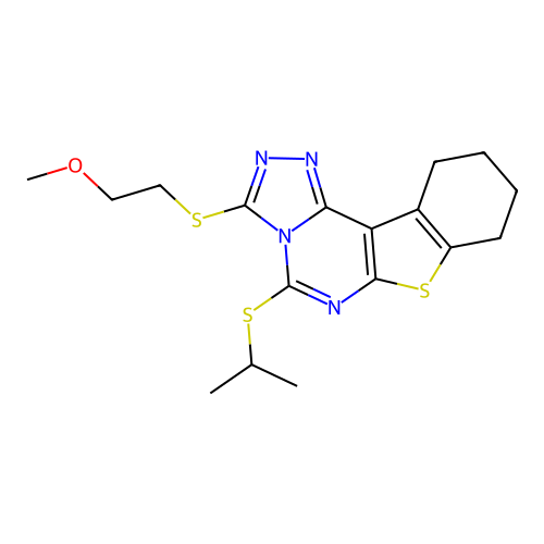 3-[(2-methoxyethyl)sulfanyl]-5-(propan-2-ylsulfanyl)-8,9,10,11-tetrahydro[1]benzothieno[3,2-e][1,2,4]triazolo[4,3-c]pyrimidine structure