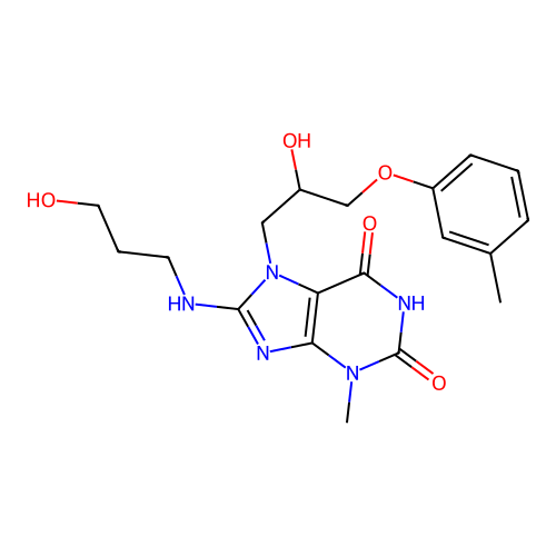 7-[2-hydroxy-3-(3-methylphenoxy)propyl]-8-(3-hydroxypropylamino)-3-methylpurine-2,6-dione structure