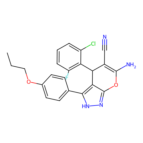 6-amino-4-(2-chloro-6-fluorophenyl)-3-(4-propoxyphenyl)-2,4-dihydropyrano[2,3-c]pyrazole-5-carbonitrile structure