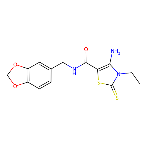 4-amino-N-(1,3-benzodioxol-5-ylmethyl)-3-ethyl-2-sulfanylidene-1,3-thiazole-5-carboxamide structure