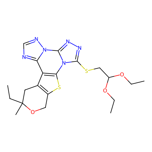 7-((2,2-diethoxyethyl)thio)-12-ethyl-12-methyl-12,13-dihydro-10H-pyrano[4',3':4,5]thieno[3,2-e]bis([1,2,4]triazolo)[4,3-a:1',5'-c]pyrimidine structure