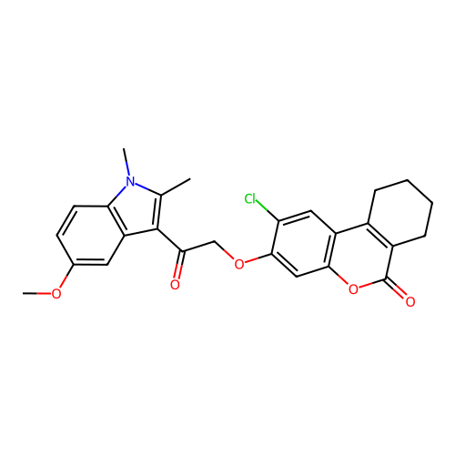 2-chloro-3-(2-(5-methoxy-1,2-dimethyl-1H-indol-3-yl)-2-oxoethoxy)-7,8,9,10-tetrahydro-6H-benzo[c]chromen-6-one structure