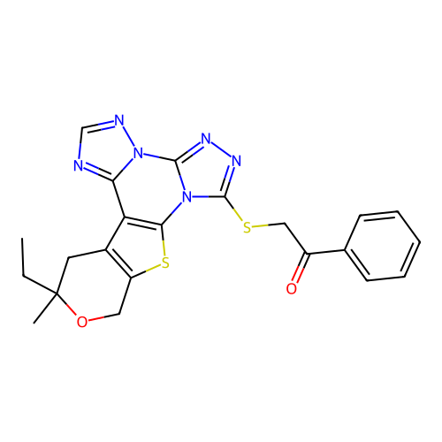 2-((12-ethyl-12-methyl-12,13-dihydro-10H-pyrano[4',3':4,5]thieno[3,2-e]bis([1,2,4]triazolo)[4,3-a:1',5'-c]pyrimidin-7-yl)thio)-1-phenylethanone structure
