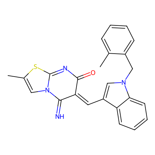 (6Z)-5-imino-2-methyl-6-[[1-[(2-methylphenyl)methyl]indol-3-yl]methylidene]-[1,3]thiazolo[3,2-a]pyrimidin-7-one structure