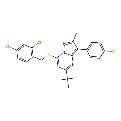 5-tert-butyl-3-(4-chlorophenyl)-7-[(2,4-dichlorobenzyl)sulfanyl]-2-methylpyrazolo[1,5-a]pyrimidine structure