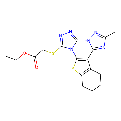 ethyl [(2-methyl-10,11,12,13-tetrahydro[1]benzothieno[3,2-e]bis[1,2,4]triazolo[4,3-a:1',5'-c]pyrimidin-7-yl)sulfanyl]acetate structure