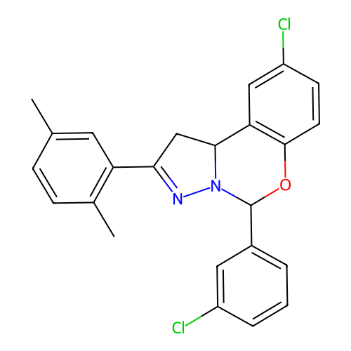 9-chloro-5-(3-chlorophenyl)-2-(2,5-dimethylphenyl)-1,10b-dihydropyrazolo[1,5-c][1,3]benzoxazine structure
