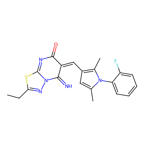 (6E)-2-ethyl-6-[[1-(2-fluorophenyl)-2,5-dimethylpyrrol-3-yl]methylidene]-5-imino-[1,3,4]thiadiazolo[3,2-a]pyrimidin-7-one structure