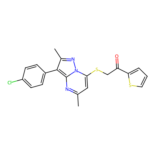 2-((3-(4-chlorophenyl)-2,5-dimethylpyrazolo[1,5-a]pyrimidin-7-yl)thio)-1-(thiophen-2-yl)ethanone structure