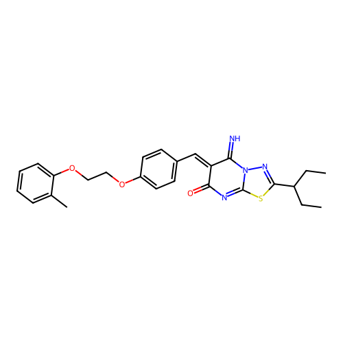 (Z)-5-imino-2-(pentan-3-yl)-6-(4-(2-(o-tolyloxy)ethoxy)benzylidene)-5H-[1,3,4]thiadiazolo[3,2-a]pyrimidin-7(6H)-one structure