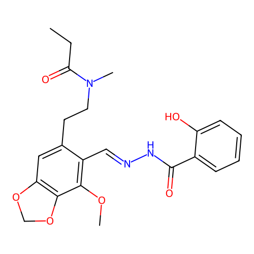 (E)-N-(2-(6-((2-(2-hydroxybenzoyl)hydrazono)methyl)-7-methoxybenzo[d][1,3]dioxol-5-yl)ethyl)-N-methylpropionamide structure