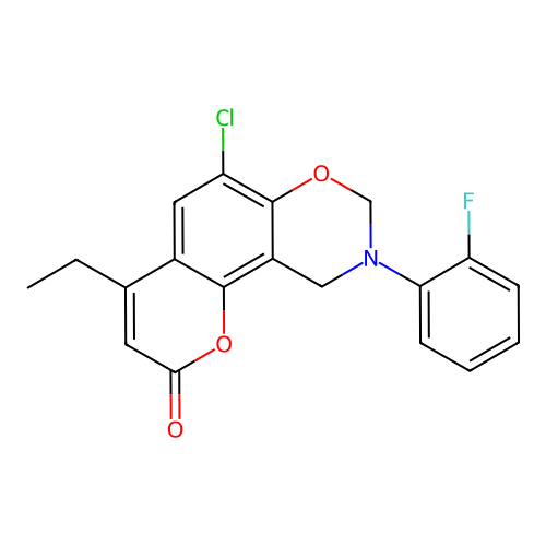 6-chloro-4-ethyl-9-(2-fluorophenyl)-8,10-dihydropyrano[2,3-f][1,3]benzoxazin-2-one structure