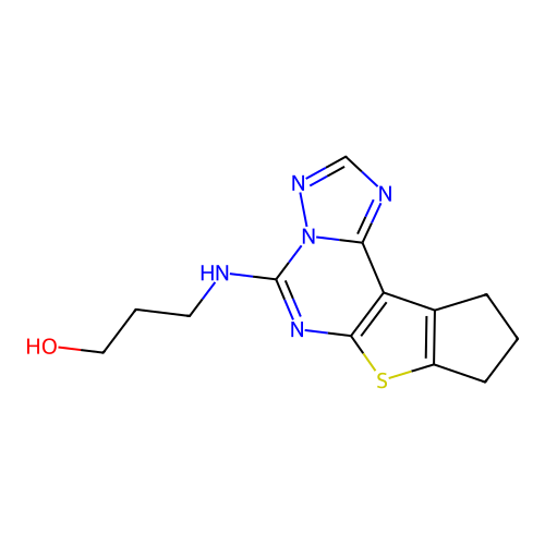 3-((9,10-dihydro-8H-cyclopenta[4,5]thieno[3,2-e][1,2,4]triazolo[1,5-c]pyrimidin-5-yl)amino)propan-1-ol structure