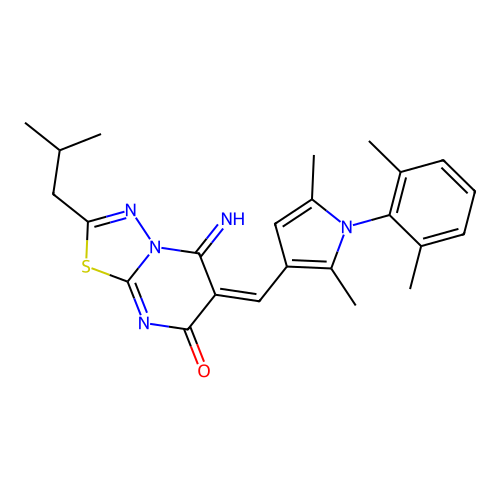 (6E)-6-[[1-(2,6-dimethylphenyl)-2,5-dimethylpyrrol-3-yl]methylidene]-5-imino-2-(2-methylpropyl)-[1,3,4]thiadiazolo[3,2-a]pyrimidin-7-one structure