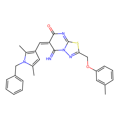 (6E)-6-[(1-benzyl-2,5-dimethyl-1H-pyrrol-3-yl)methylidene]-5-imino-2-[(3-methylphenoxy)methyl]-5,6-dihydro-7H-[1,3,4]thiadiazolo[3,2-a]pyrimidin-7-one structure